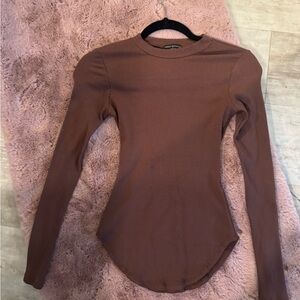 Naked Wardrobe Ribbed Long Sleeve Top in Brown